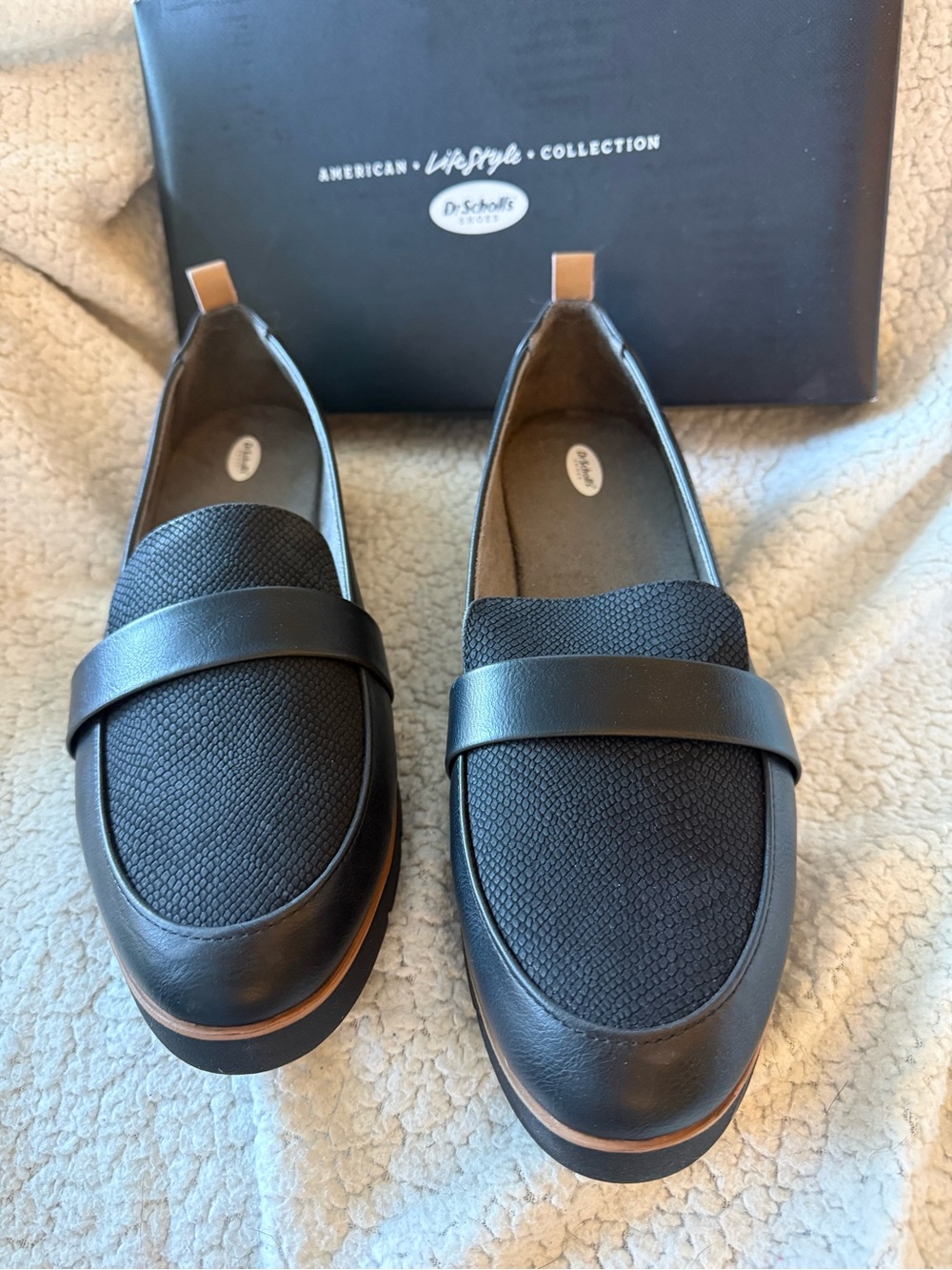 Dr. Scholl's Black Textured Penny Loafers with Tan Heel Tab